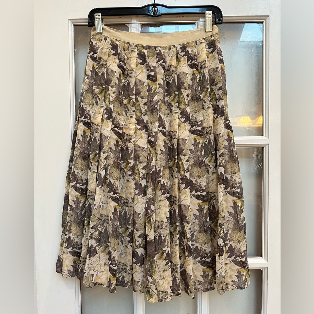 Tory Burch Cream Tan Olive Falling Leaves 100% Silk Circle Midi Skirt Size 0 XS